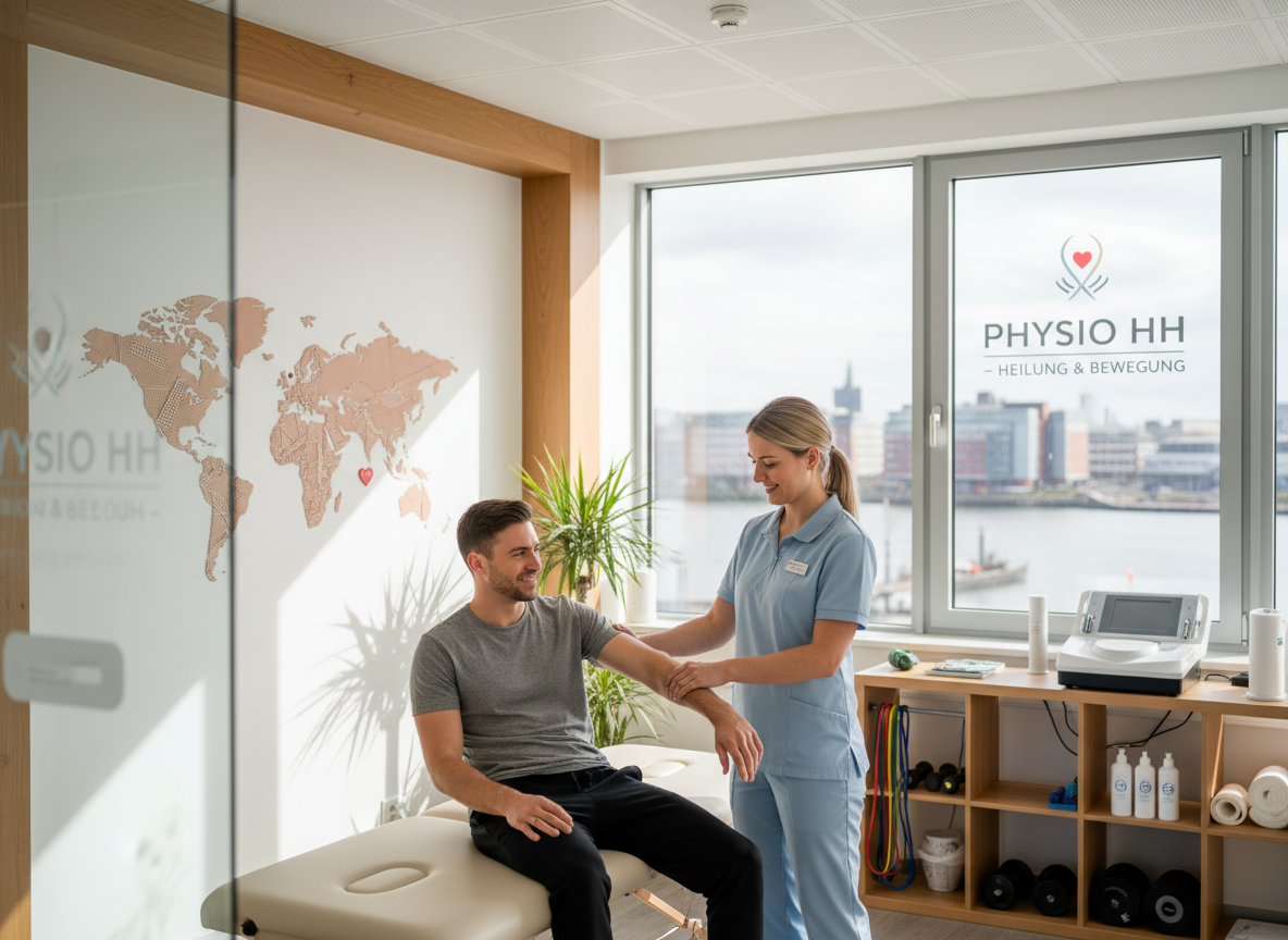 Ein modernes, lichtdurchflutetes Physiotherapie-Studio in Hamburg, in dem eine Therapeutin mit ruhiger, kompetenter Ausstrahlung eine Patientin behandelt – Fokus auf Vertrauen, Professionalität und persönliche Betreuung.